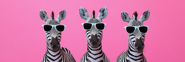 Photo three cool zebras in sunglasses on pink background three zebras wearing sunglasses represent