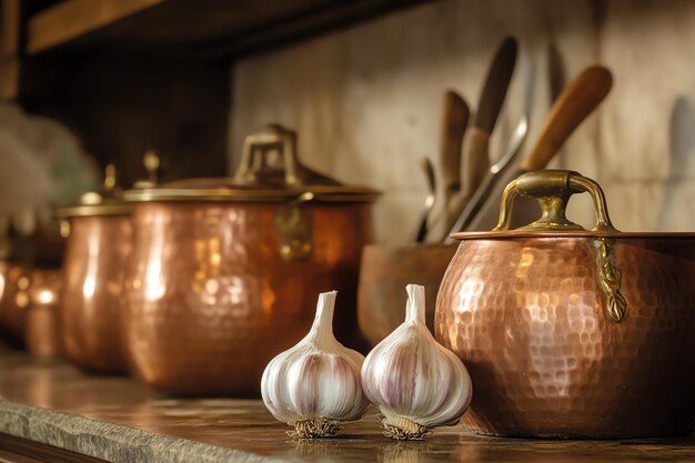 three copper pots are lined up on a counter with one that saysgarlic