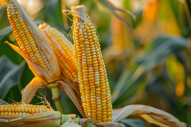 Three corn cobs are shown in a field with the top one being the tallest