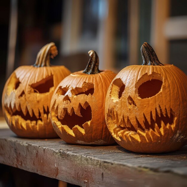 Photo three creatively carved pumpkins on a rustic wooden table