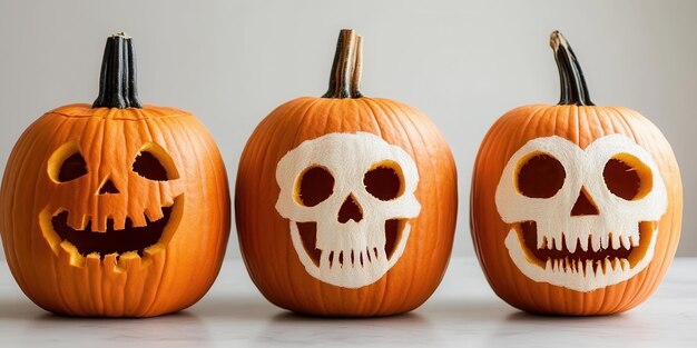 Photo three creatively carved pumpkins showcasing unique skull designs perfect for halloween decoration and festive celebrations