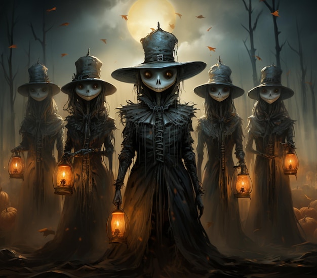 three creepy looking witches with lanterns in a dark forest generative ai