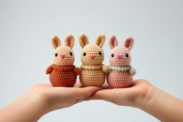 Three crochet bunnies over two young kid hands