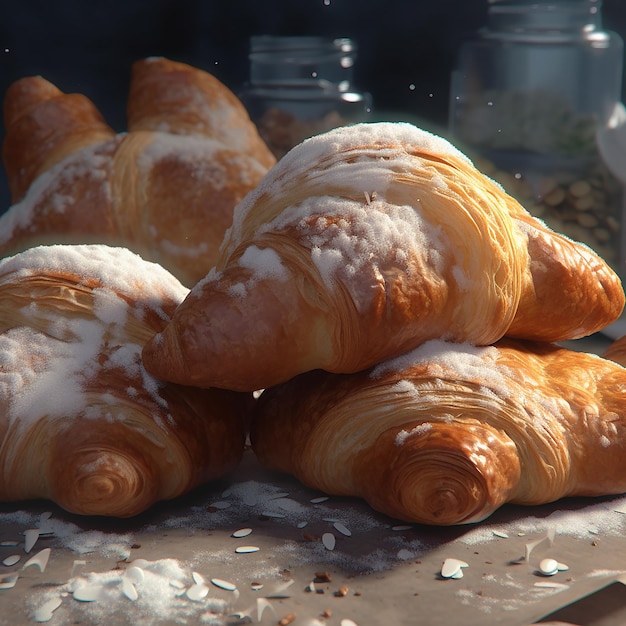 Three croissants are stacked on a table with one that has powdered sugar on it.