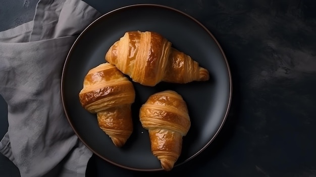 Three croissants on a plate, one of which is a croissant.