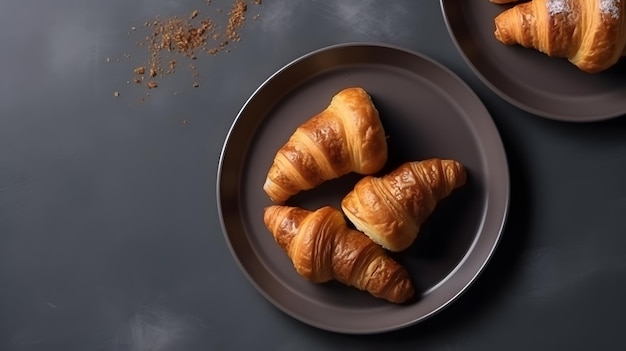 Three croissants on a plate with cinnamon on the side.