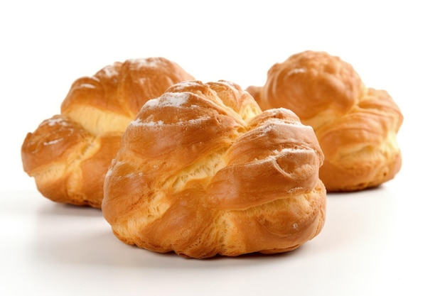 Three croissants sitting next to each other on a white surface generative AI