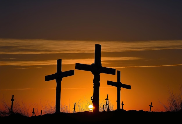 Three crosses stand on a barren windswept terrain silhouetted against a darkening sky as the sun sets behind them created by generative AI