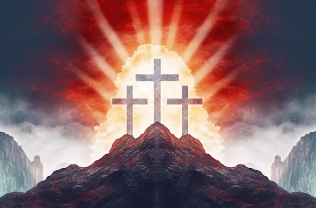 three crosses on top of a hill with clouds