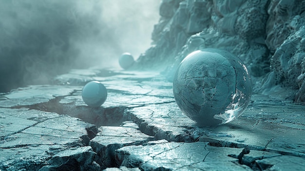 Photo three crystalline spheres resting on a cracked lunar landscape with mist in the background