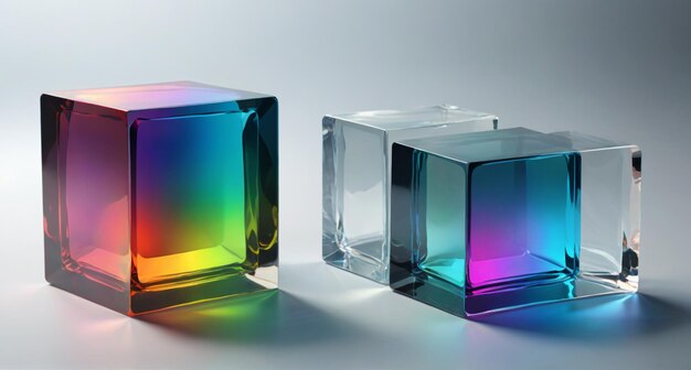 three cubes of rainbow colored glass are shown with one being colored