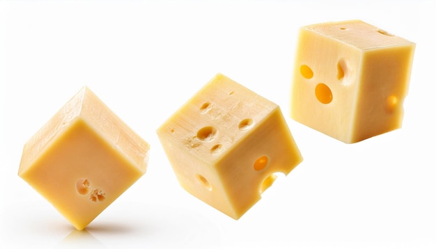 Photo three cubes of swiss cheese isolated on white background