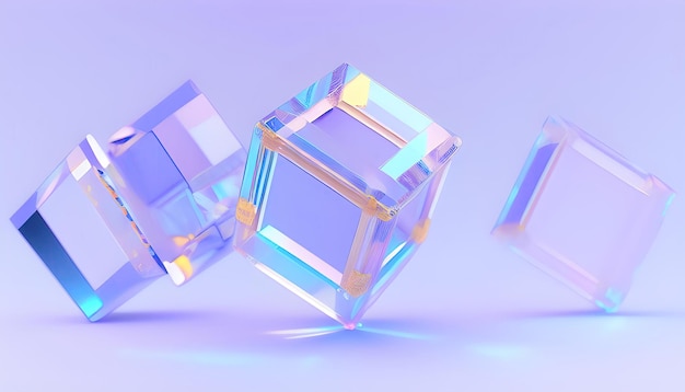 Three cubes with blue and yellow lights in a row.