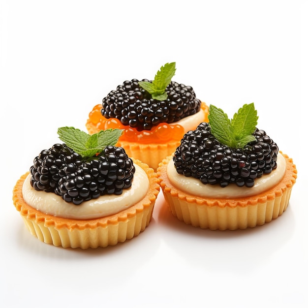 Photo three cupcakes with blackberries and a green leaf on top