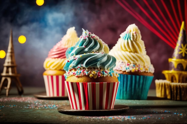 Three cupcakes with colorful frosting and sprinkles Generative AI