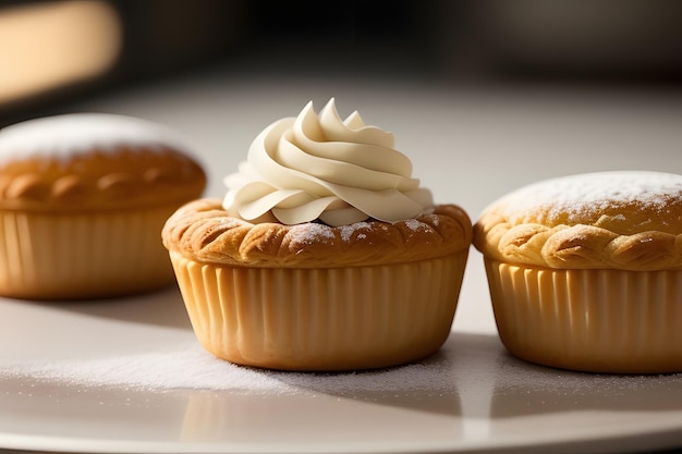 Photo three cupcakes with cream frosting and one of them has a white frosting