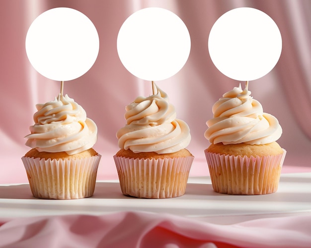 Photo three cupcakes with frosting and white circles on top