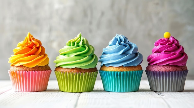 Photo three cupcakes with green and blue frosting and a rainbow colored cupcake in the middle