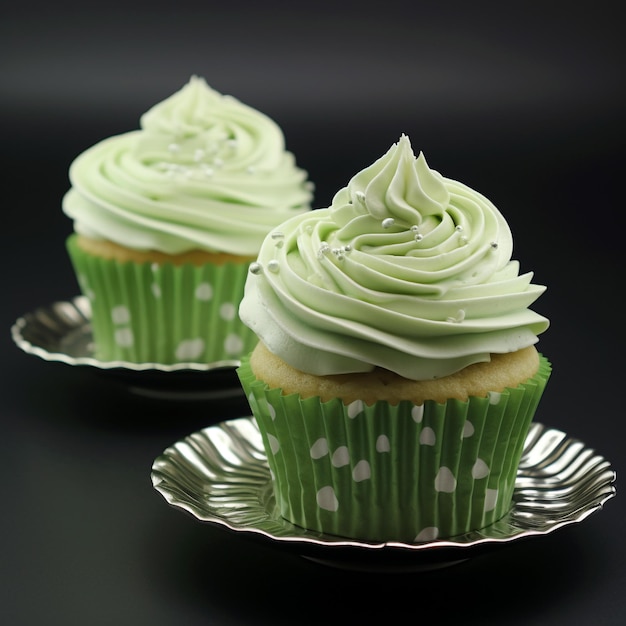 Photo three cupcakes with green frosting and a white frosted cupcake on the plate