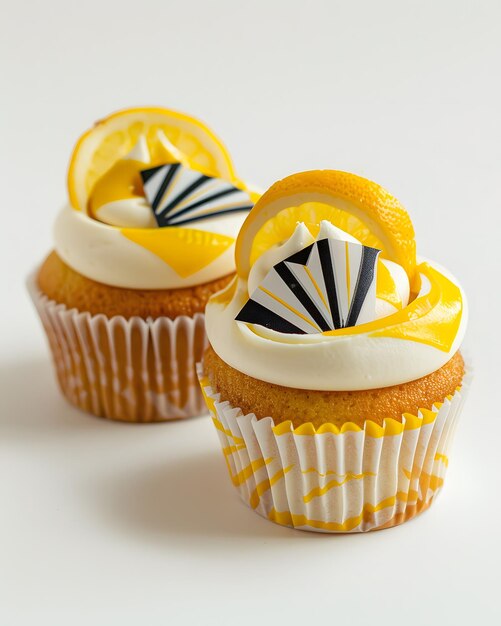 Photo three cupcakes with orange and white frosting and a yellow and white design