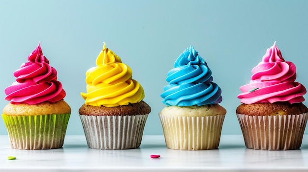 Photo three cupcakes with yellow and blue frosting and one of them has yellow frosting