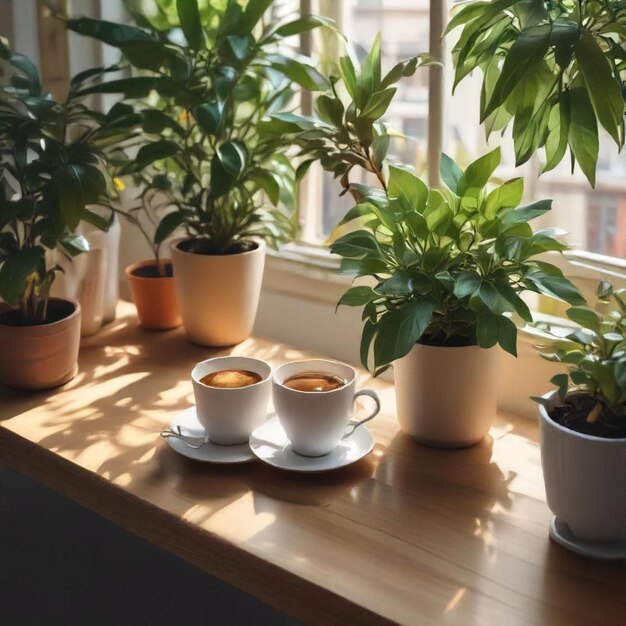 Photo three cups of coffee sit on a table next to a potted plant