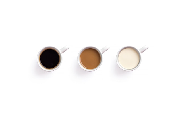 Three cups of coffee with different coffees on a white background