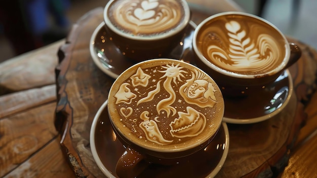 Three cups of coffee with intricate latte art designs