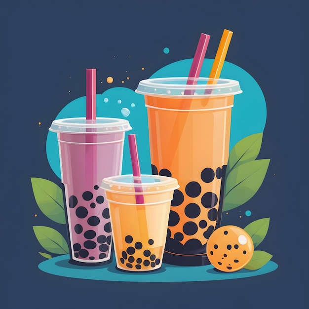 Photo three cups of drink with straws and oranges on a blue background