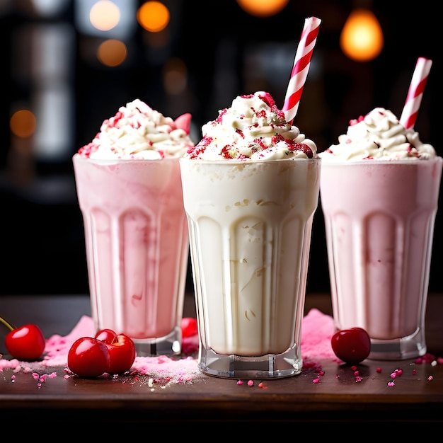 three cups of ice cream with candy and chocolate candy on them