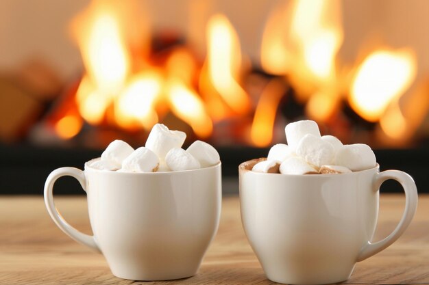 Photo three cups of marshmallows with marshmallows in front of a fireplace