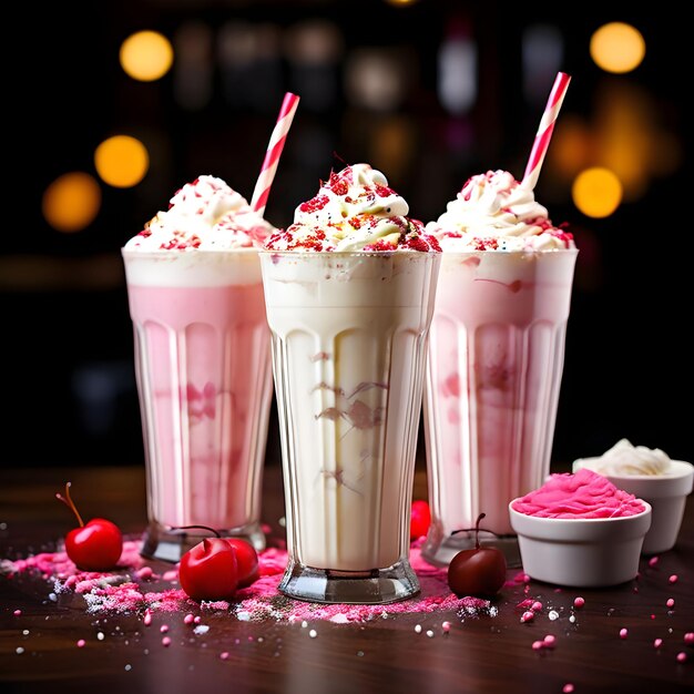 three cups of milkshake with the word strawberry on them