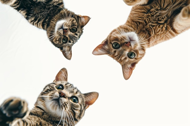 Photo three curious cats peer down creating a comical and captivating trio of felines