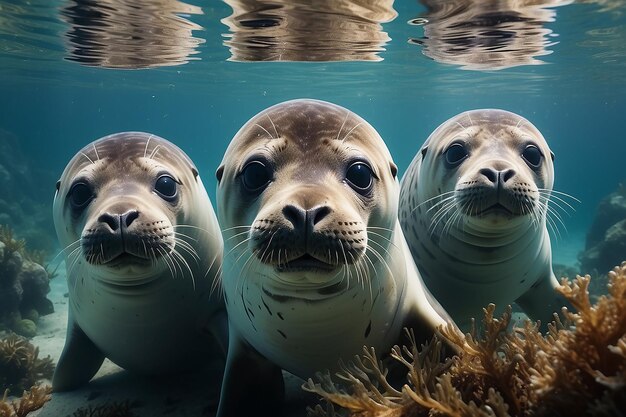 Three curious seals underwater near brown seaweed looking straight Marine life exploration