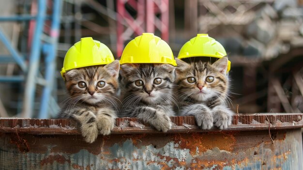 Photo three curious tabby kittens wearing neonyellow construction safety helmets peeking out from a construction site background