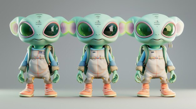 Three cute alien figures stand in a row each wearing a backpack and astronautstyle overalls