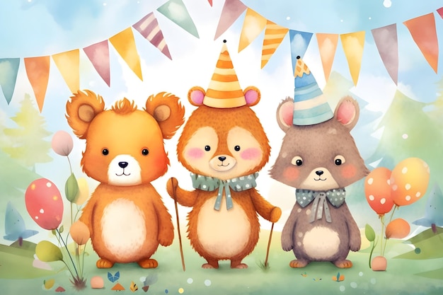 Photo three cute bears celebrating birthday