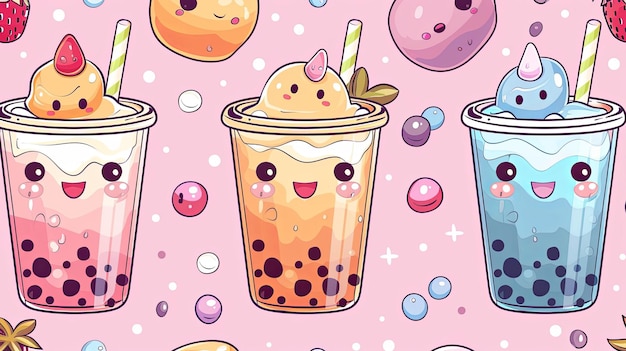 Photo three cute cartoon bubble tea drinks with straws and boba pearls