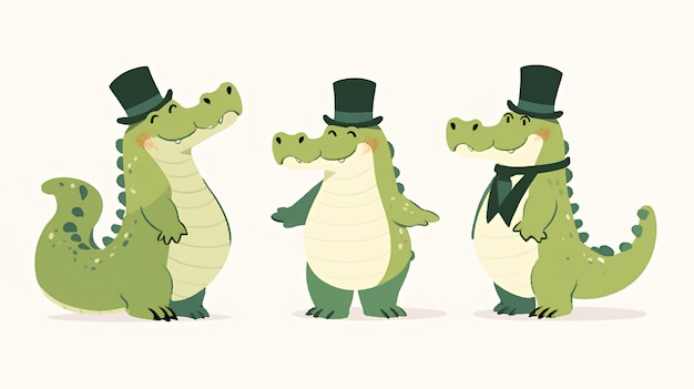 Three cute cartoon crocodiles with top hats in different poses