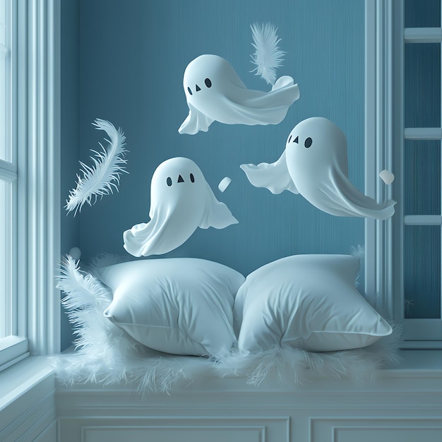 Photo three cute cartoon ghosts flying above two white pillows on a window seat