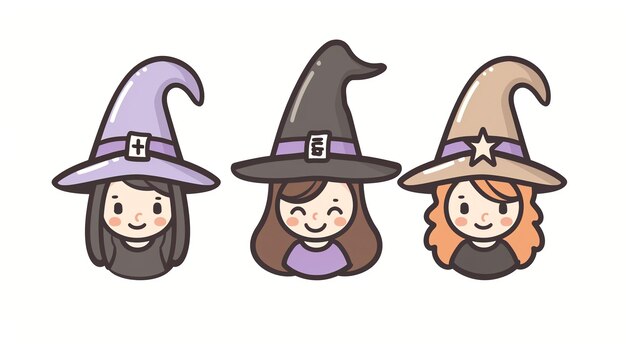 Three cute cartoon witches with different colored hats and hair