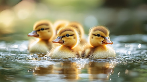 Photo three cute ducklings swimming in a pond