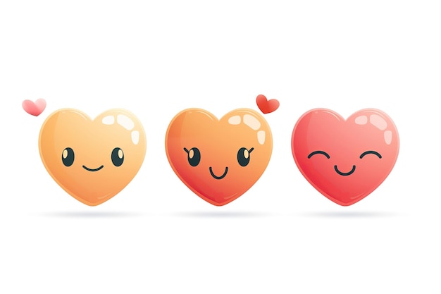 three cute emoji cartoon style hearts in row each with facial expression emotions moods on white bg