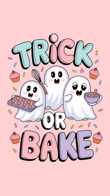 Photo three cute ghosts baking for halloween