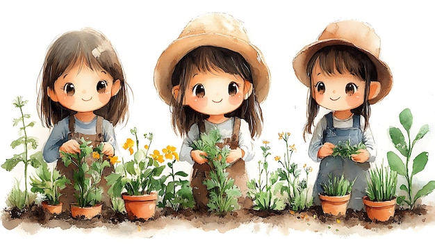 Photo three cute girls gardening together