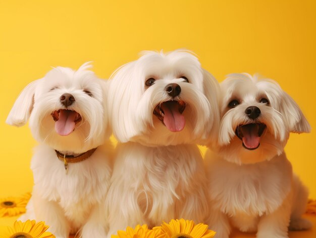 Three cute Maltese puppies sitting and smiling happily on yellow background with sunflowers on the floor Created with generative AI technology