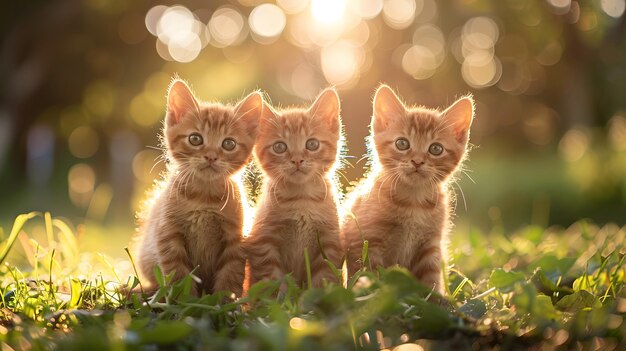 Photo three cute orange kittens standing side by side on the grass in front of you looking at the camera w