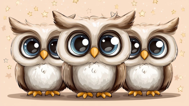 Three Cute Owls With Big Eyes