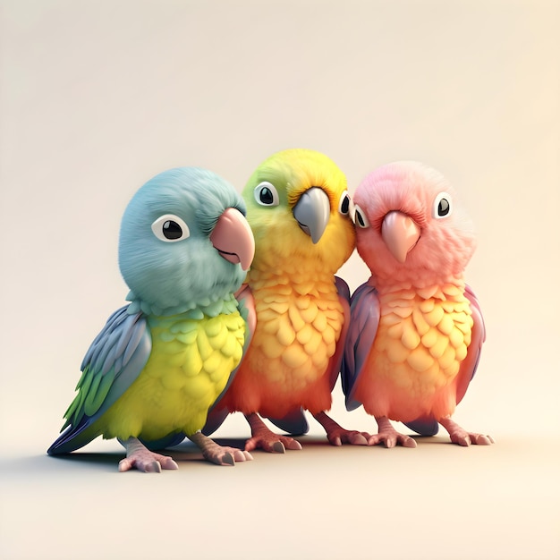 Three cute parrots on a light background 3d rendering