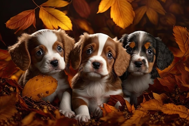 Three cute puppies playing in pile of autumn leaves created with generative ai